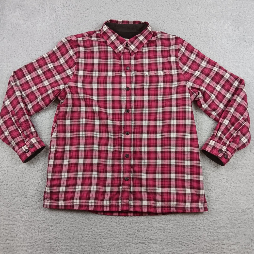 L.L.Bean Shirt Fleece Lined Flannel Women L Red Plaid Heavy Button Up 285013